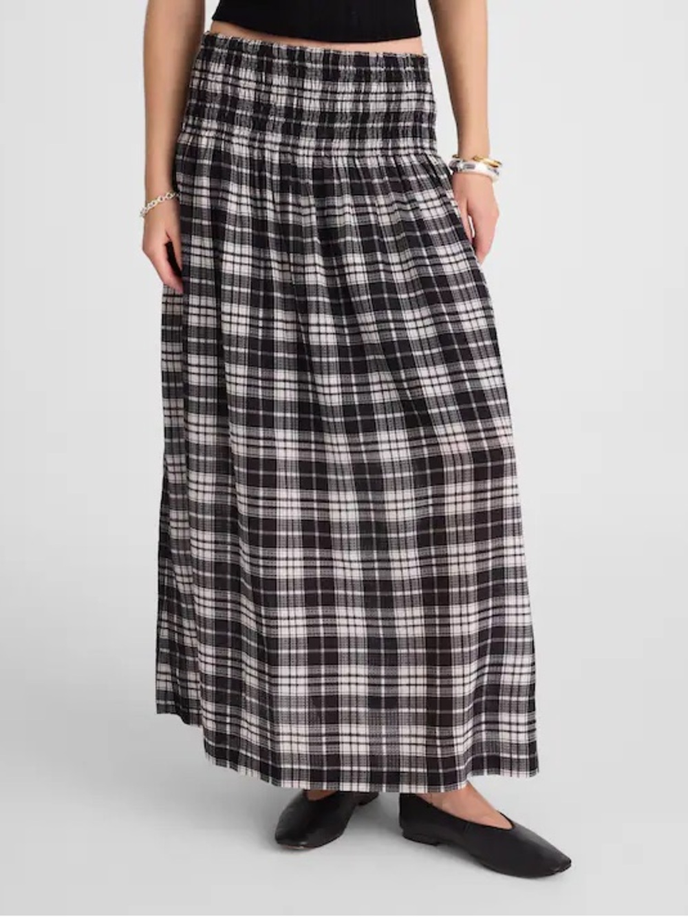 Madewell Smocked-Waist Maxi Skirt in Plaid black & white women’s Size XS NWT